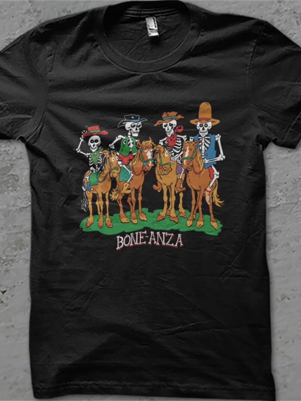 Vintage 90s Bonanza Shirt Single Stitch Skeleton Cowboy Skulls Rodeo Halloween